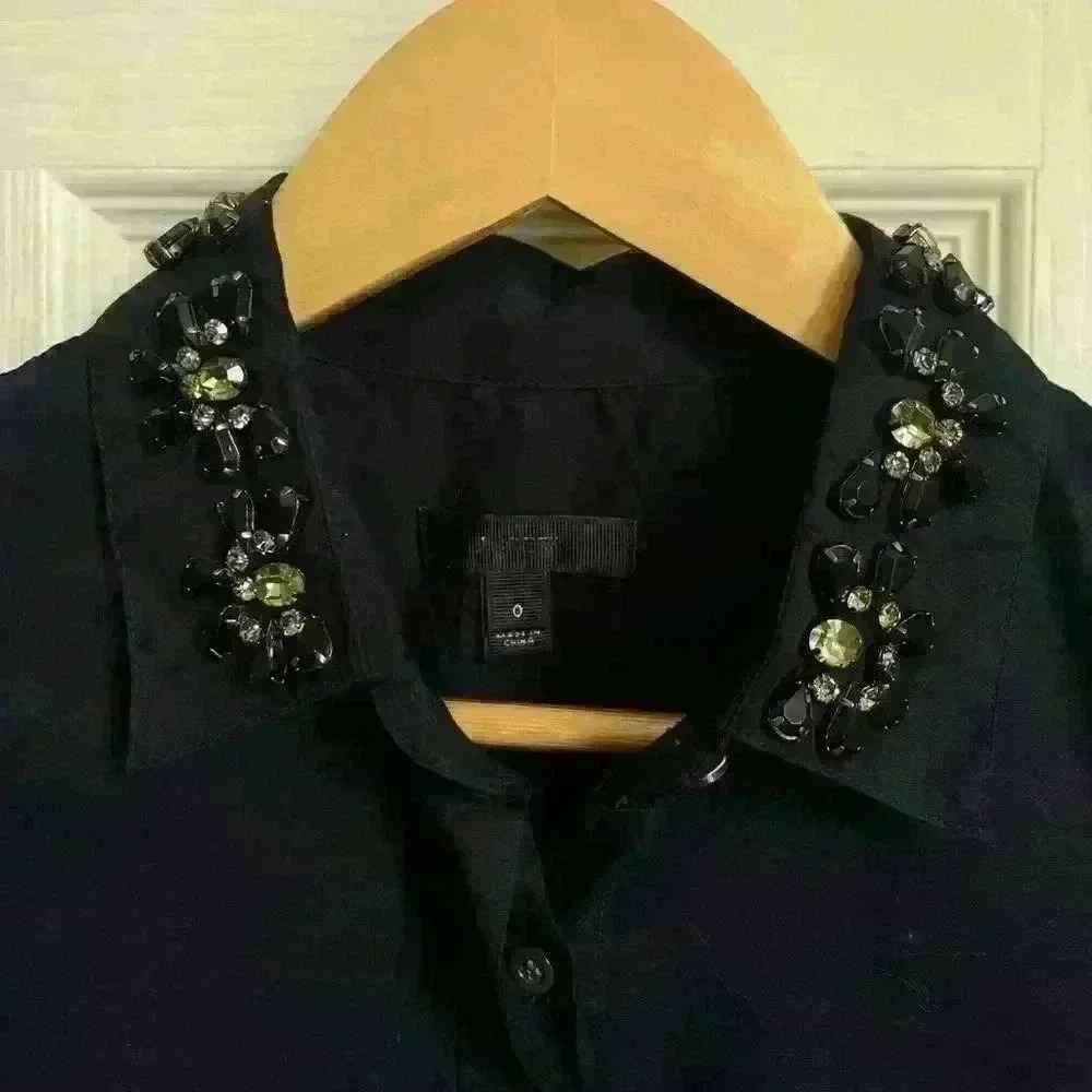 J. Crew Jeweled Collar Short Sleeve Button Shirt - Size 0 - Picture 3 of 8